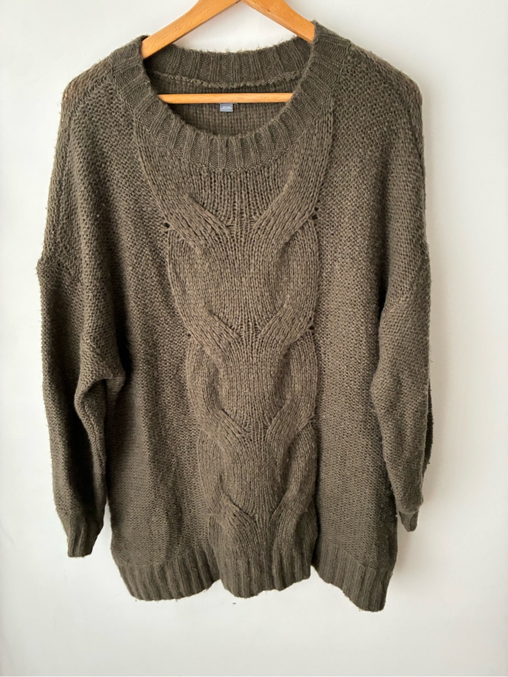 Aerie Sweater Womens M Happy Place Olive Green Oversized Cable Knit Wool Blend